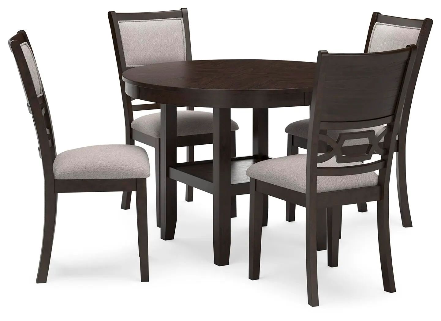 Dark wooden dining table with four beige upholstered chairs 