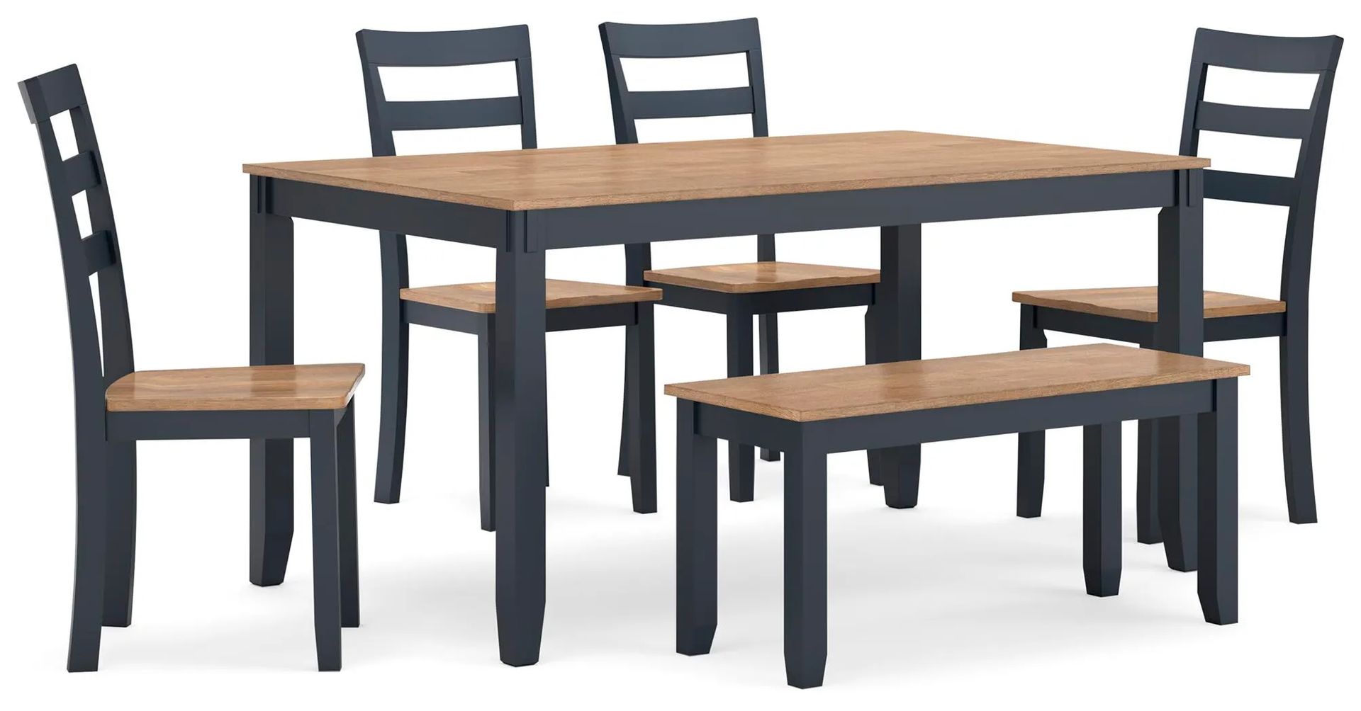 Modern dark wood dining table with natural wood top and four chairs and a two-person bench