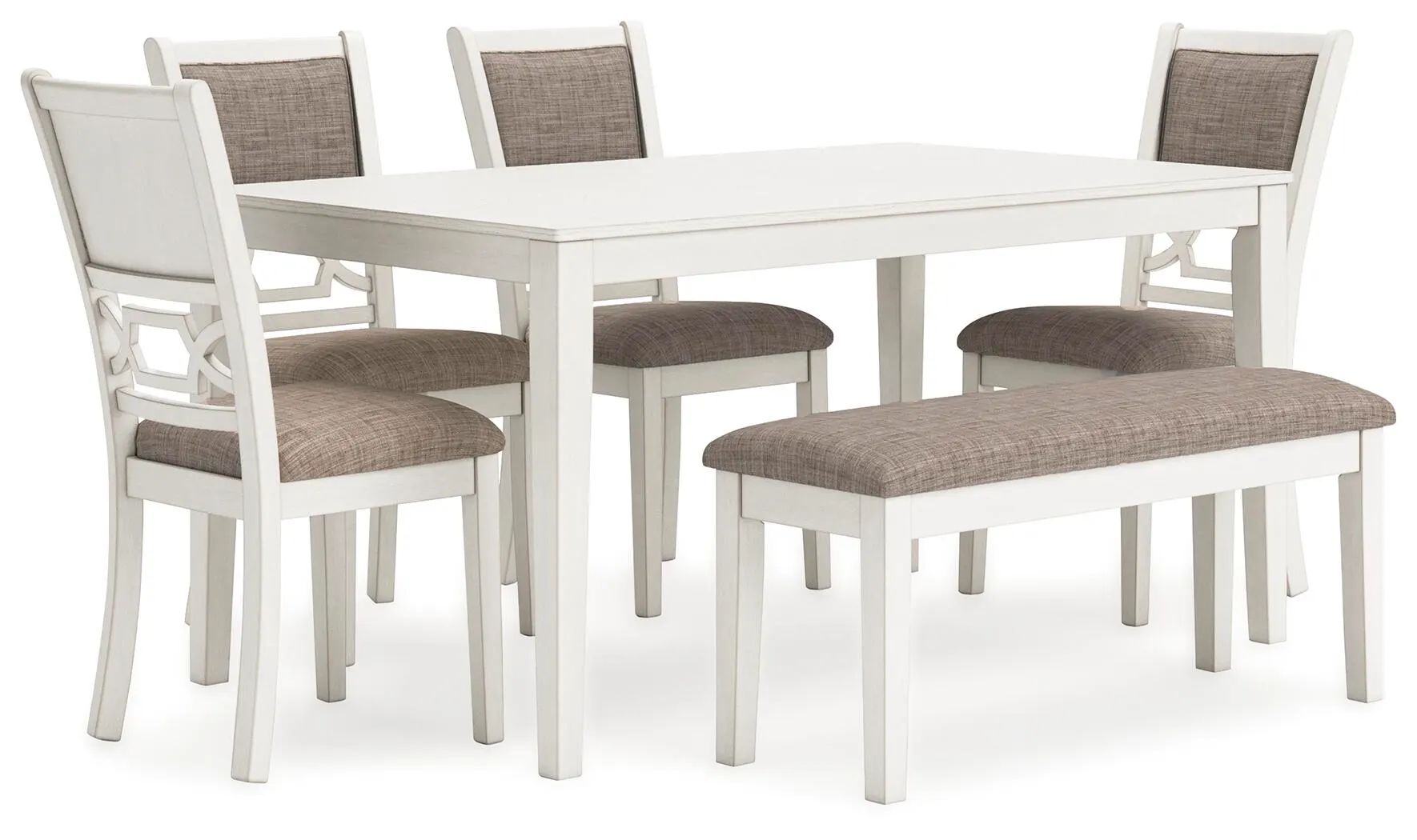 White dining table with four matching upholstered chairs  and a 2-person bench