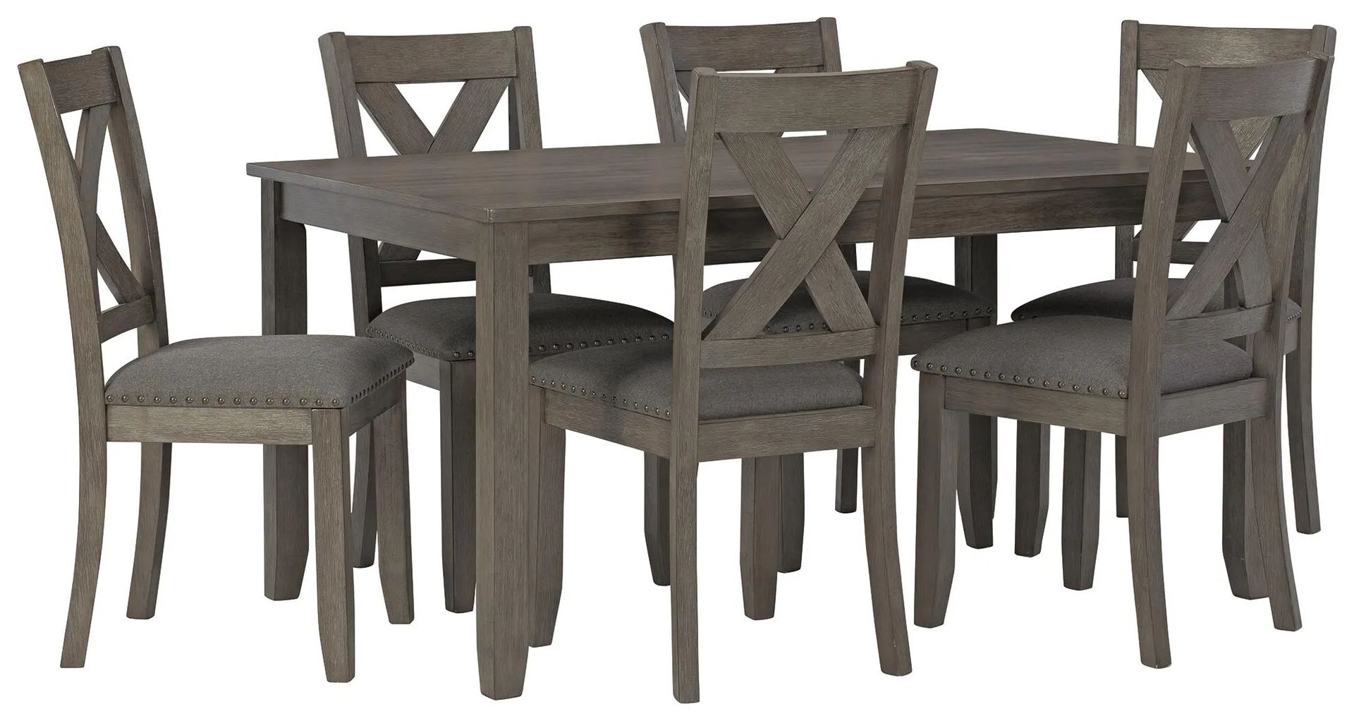 Wooden dining table set with six upholstered chairs in gray-brown tones