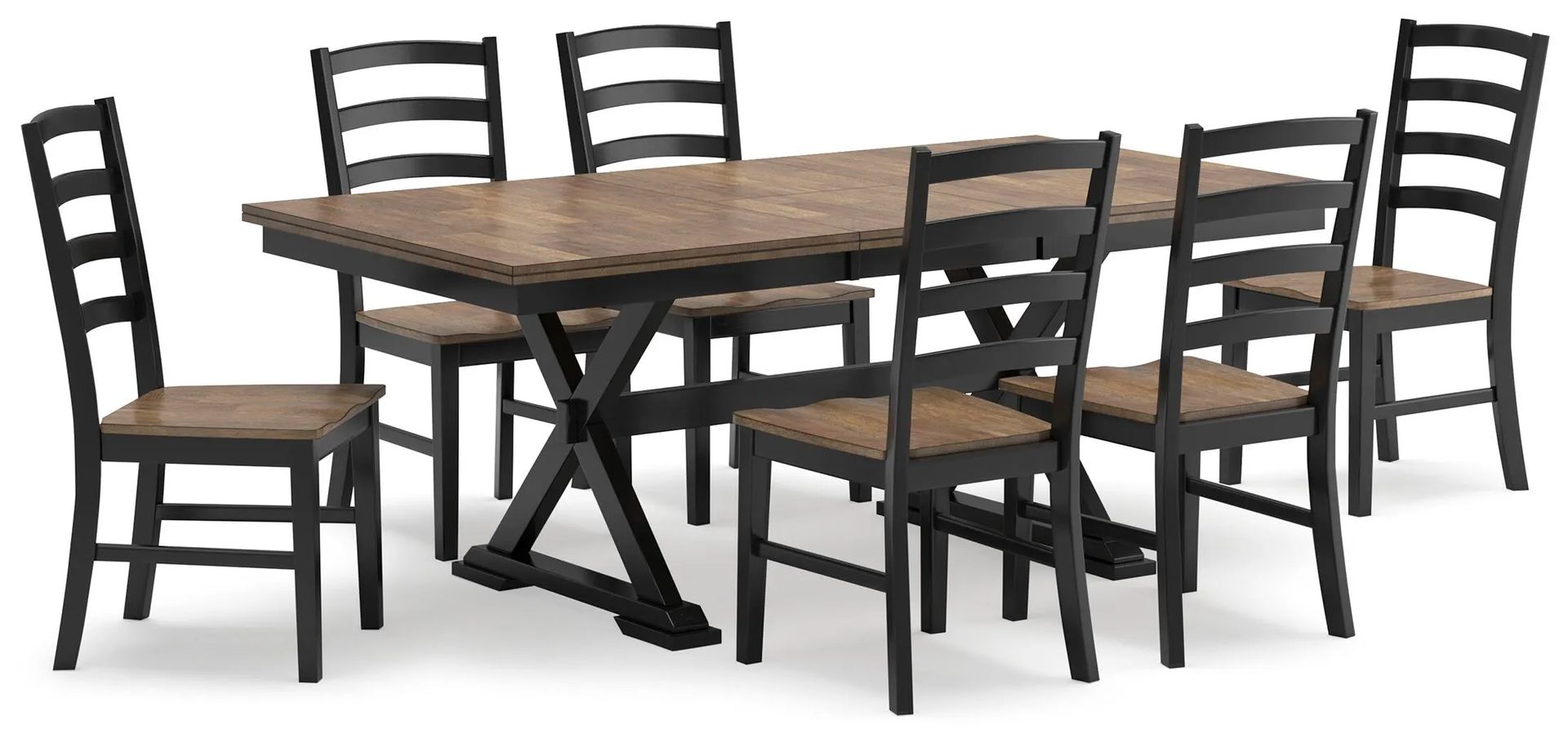 Wooden black and wooden tones dining table set with six  matching chairs 