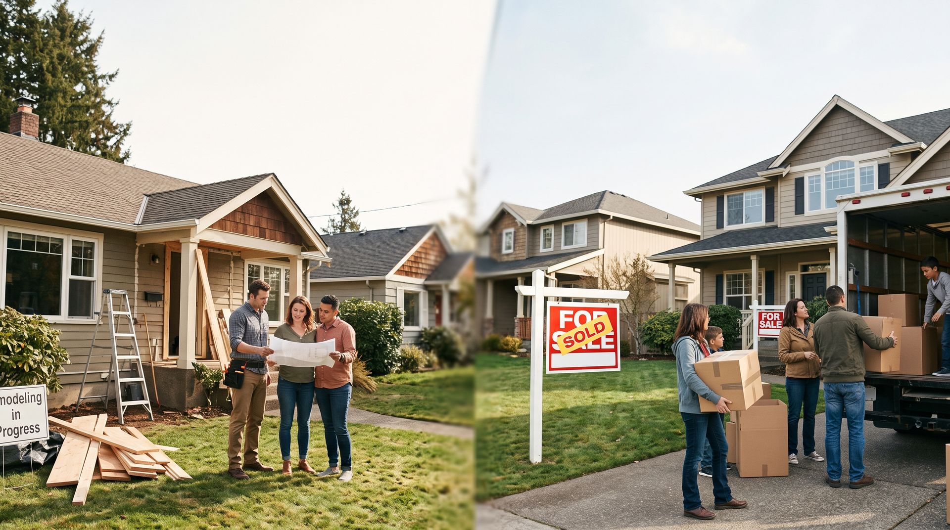 House buyers and agents outside homes with a for-sale sign in a suburban neighborhood.