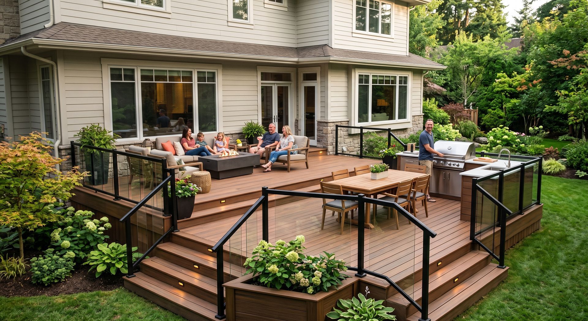 Backyard deck with outdoor seating, planters, and stairs beside a house