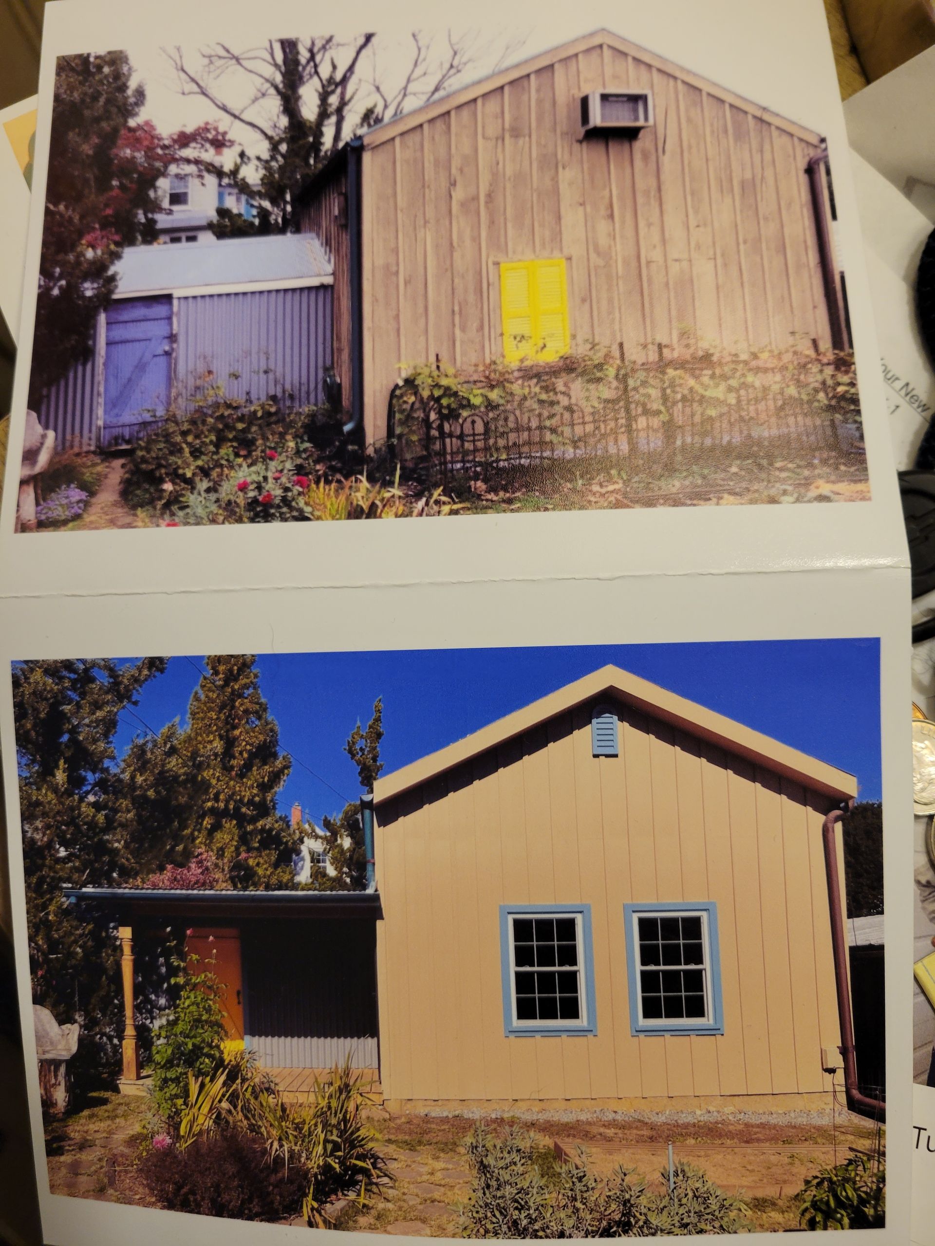 Two views of a small tan house exterior, one with boarded window and one with blue-trimmed windows and porch.