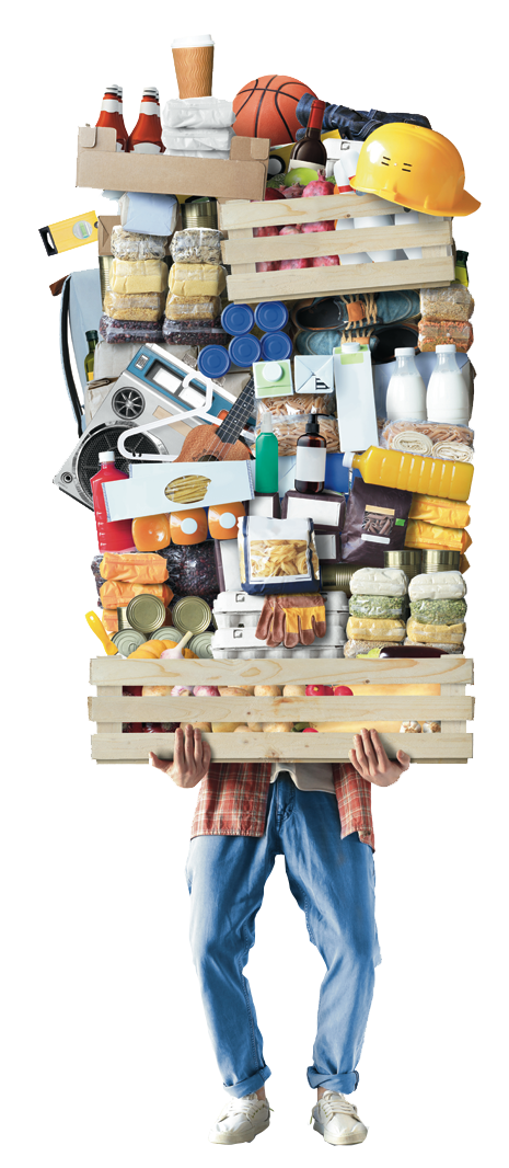 Man carrying massive pile of groceries in his hands