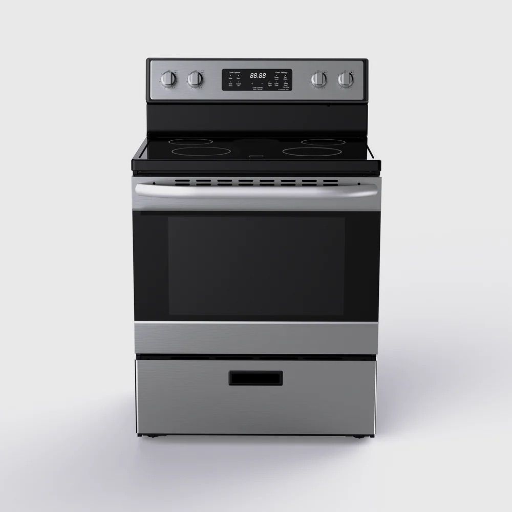 Cuisinière électrique en acier inoxydable avec plaque de cuisson noire, porte de four et tiroir de rangement.