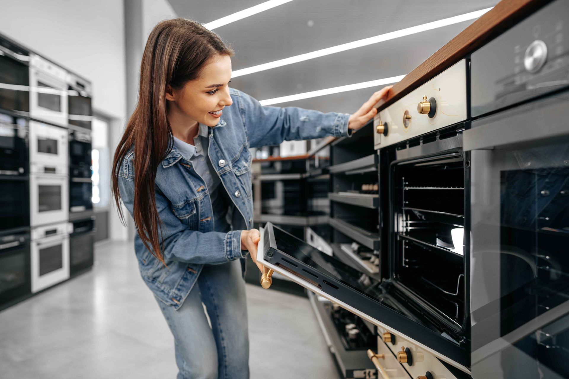 Une femme en veste en jean inspecte un four dans un magasin d'électroménager.