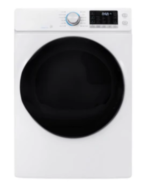 Un sèche-linge électrique blanc à chargement frontal avec une grande porte circulaire en verre noir, un bouton de commande et un panneau d'affichage numérique.