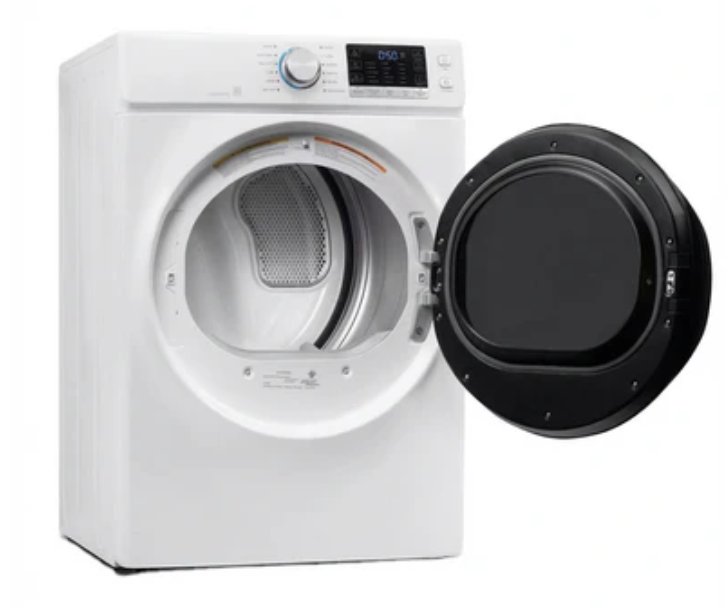 Un sèche-linge électrique blanc à chargement frontal avec une grande porte circulaire en verre noir, un bouton de commande et un panneau d'affichage numérique.