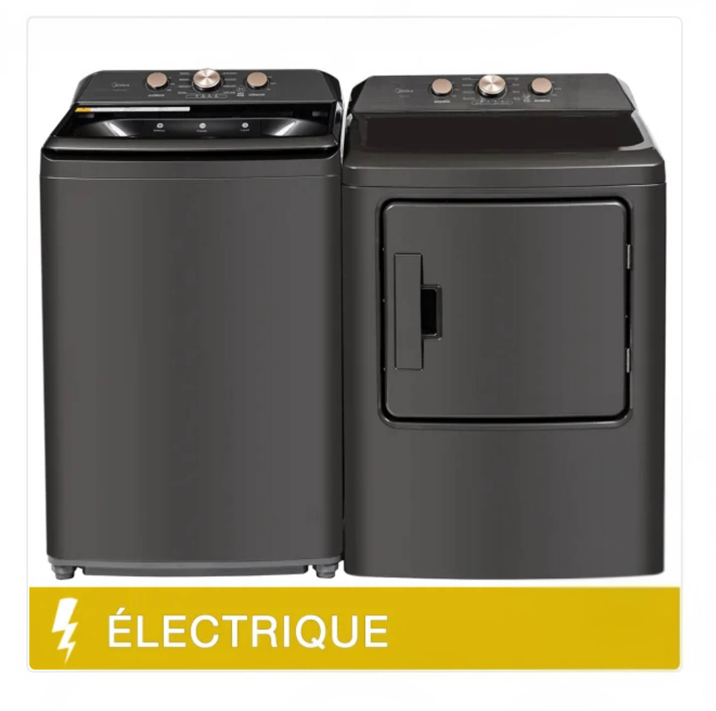 Ensemble laveuse et sécheuse électriques noires avec des accents dorés.