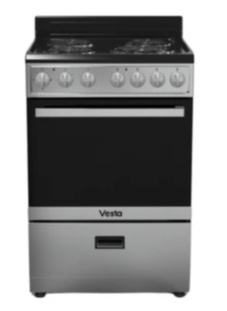 Cuisinière électrique Vesta en acier inoxydable avec plaque de cuisson, porte de four et panneau de commande noirs.