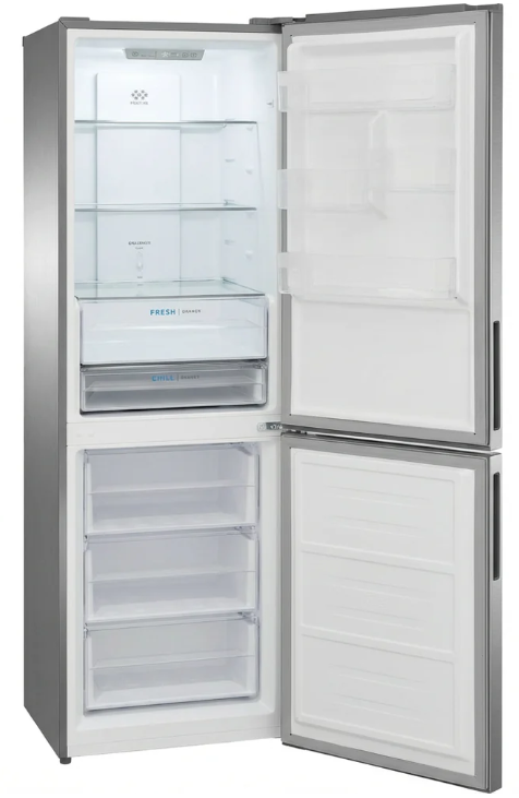 Un réfrigérateur en acier inoxydable à congélateur inférieur, mesurant 72 4/5 pouces de haut, 27 1/5 pouces de profondeur et 23 3/5 pouces de large.