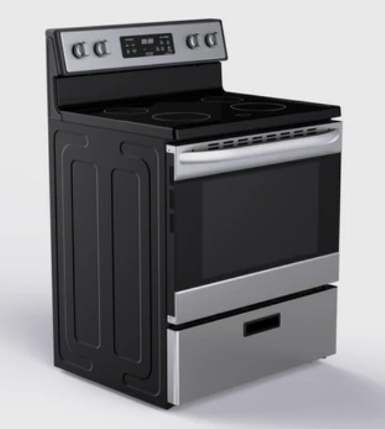 Four électrique en acier inoxydable avec plaque de cuisson en verre noir et panneau de commande numérique.