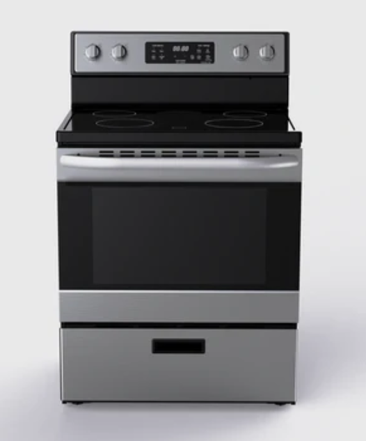 Four électrique en acier inoxydable avec plaque de cuisson en verre noir et panneau de commande numérique.