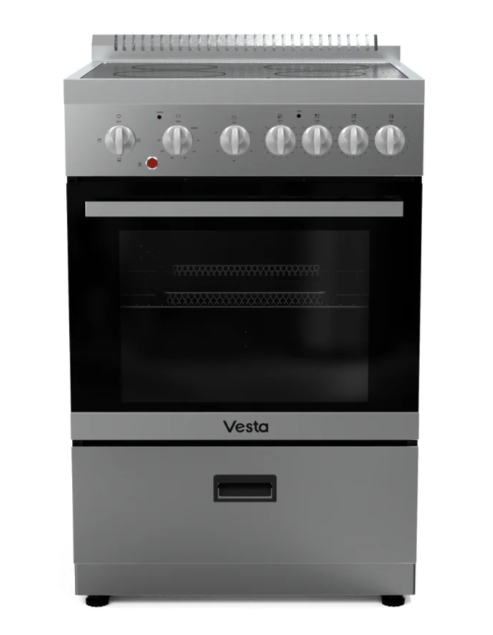 Cuisinière autoportante en acier inoxydable argenté avec porte de four en verre noir, boutons numériques et tiroir de rangement inférieur.