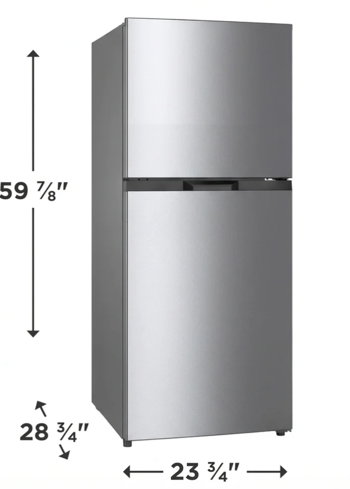 Un réfrigérateur à congélateur supérieur en acier inoxydable dont les dimensions sont indiquées comme suit : 59 7/8 po de hauteur, 28 3/4 po de profondeur et 23 3/4 po de largeur.