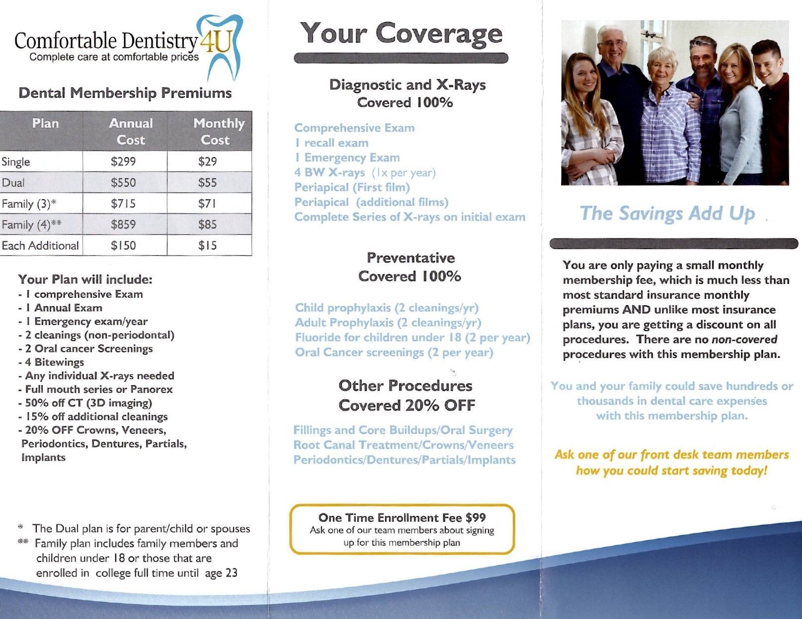 Dental membership brochure. Lists coverage, costs, and features, with photos of people.