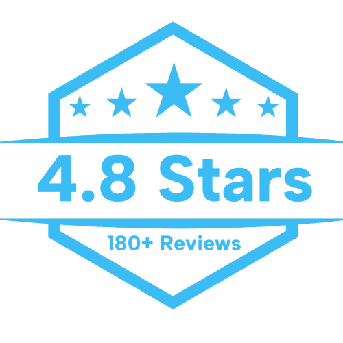Badge with 4.8 stars, over 180 reviews. Blue and white.