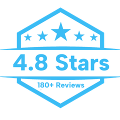 Badge with 4.8 stars, over 180 reviews. Blue and white.