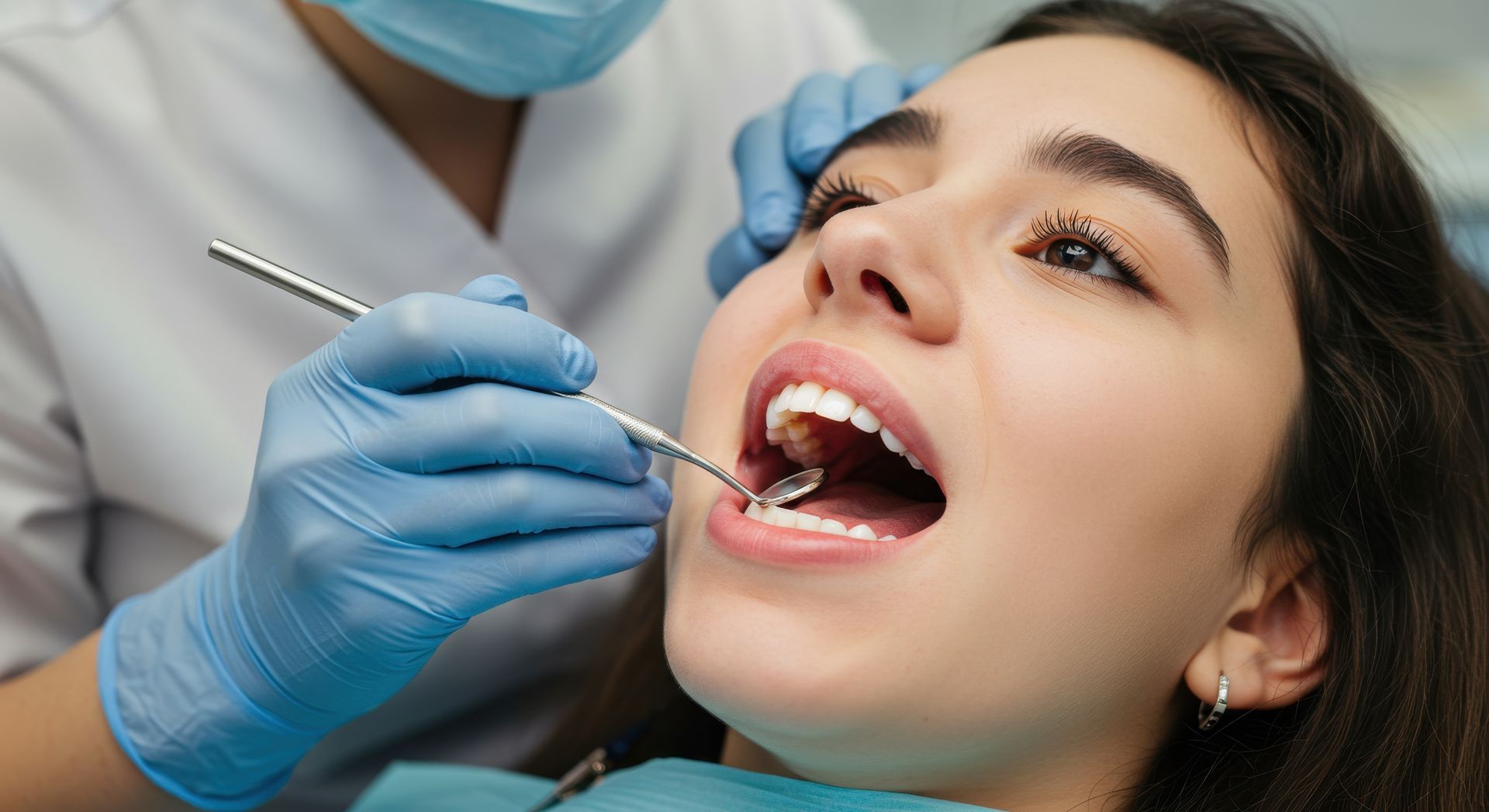 Woman undergoing dental check-up at general dentistry for oral health assessment. Woman undergoing dental check-up at general dentistry for oral health assessment.