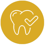 Tooth icon with checkmark, gold background.
