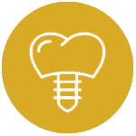 White outline of a tooth implant on a yellow circle.