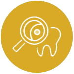 Magnifying glass over a tooth, gold circle background.
