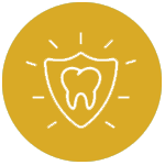 Tooth inside a shield with radiating lines, on a gold circle, symbolizing dental protection.