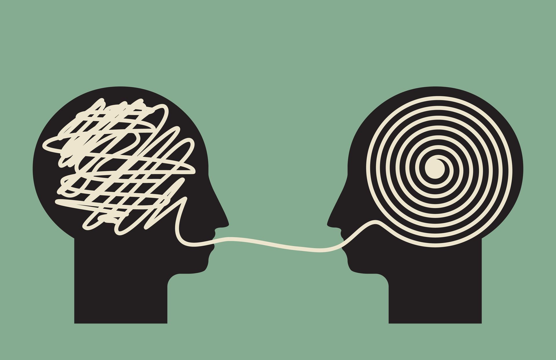 Two head silhouettes face each other, one with scribbles, the other with a spiral pattern, linked by a string.
