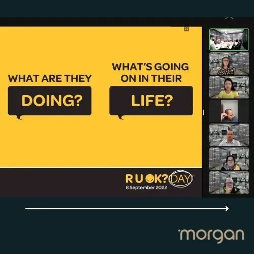 Yellow presentation slide with “WHAT ARE THEY DOING?” and “WHAT’S GOING ON IN THEIR LIFE?” plus video-call thumbnails.