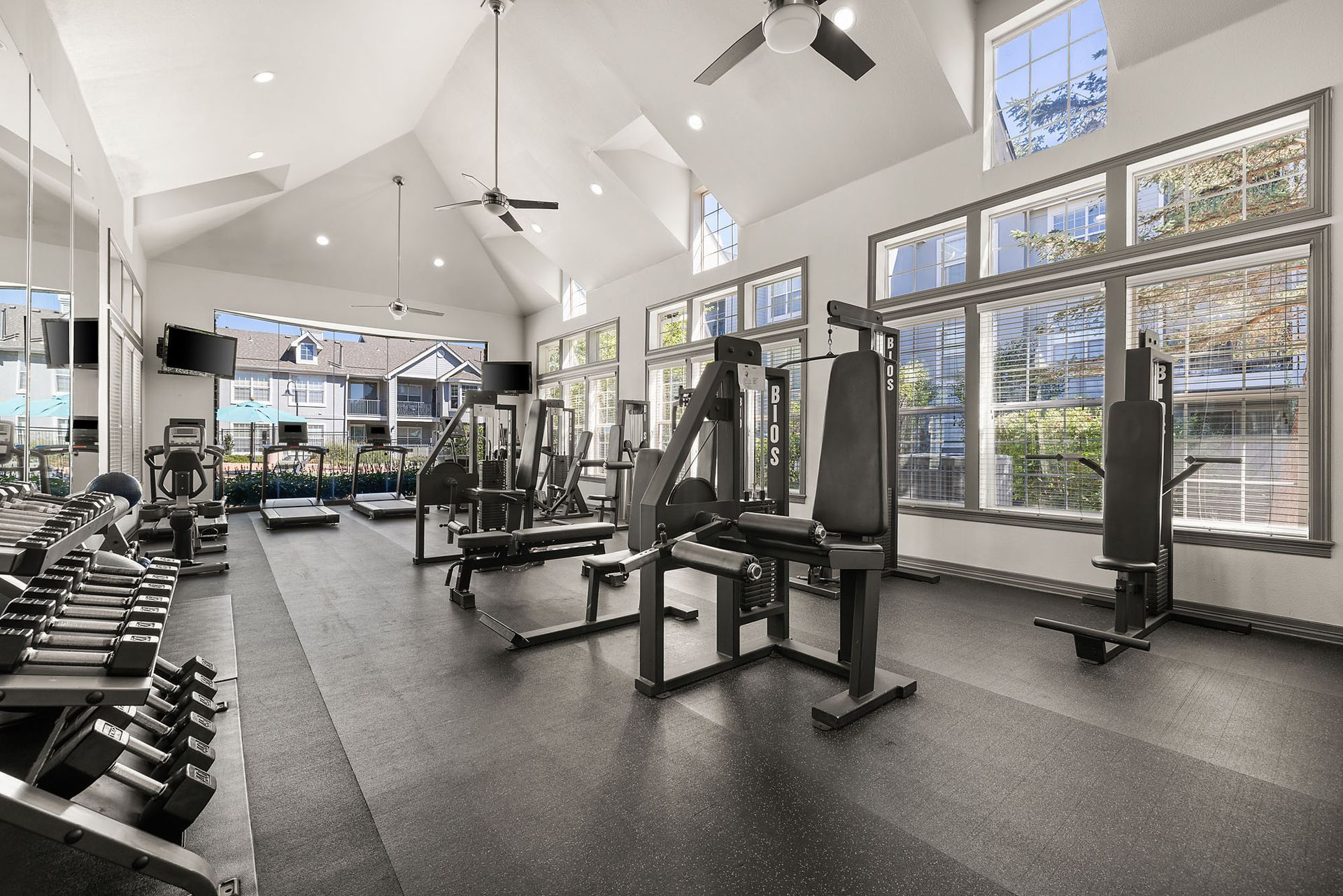 Bright gym interior with dumbbells, weight machines, and large windows at Marquis at Town Centre in Broomfield, CO