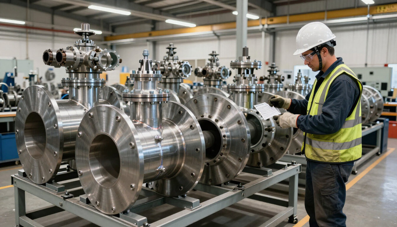 Worker in hard hat inspecting large stainless steel industrial machinery in a factory