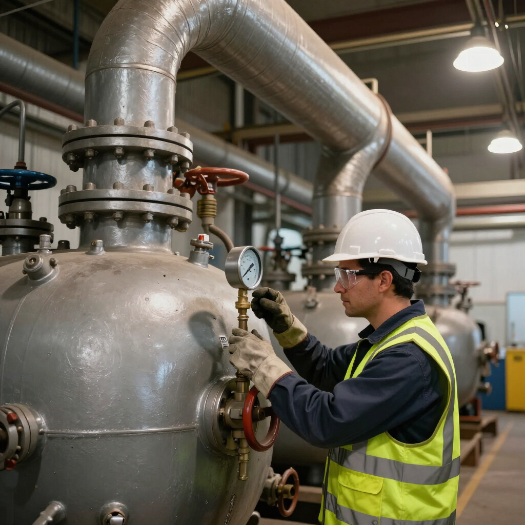 Technician in hard hat inspecting a pressure gauge on industrial piping in a factory.