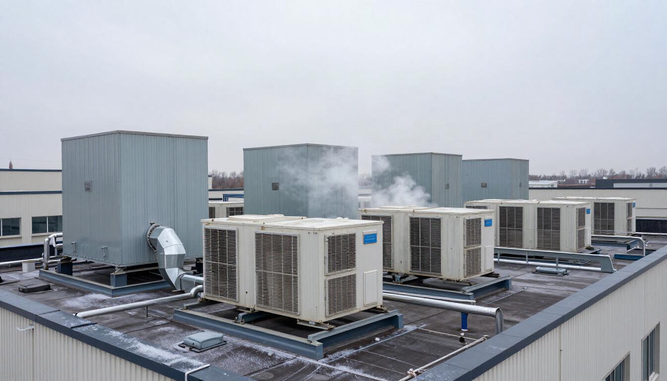 Rooftop HVAC units and vents on a flat industrial building roof under overcast sky