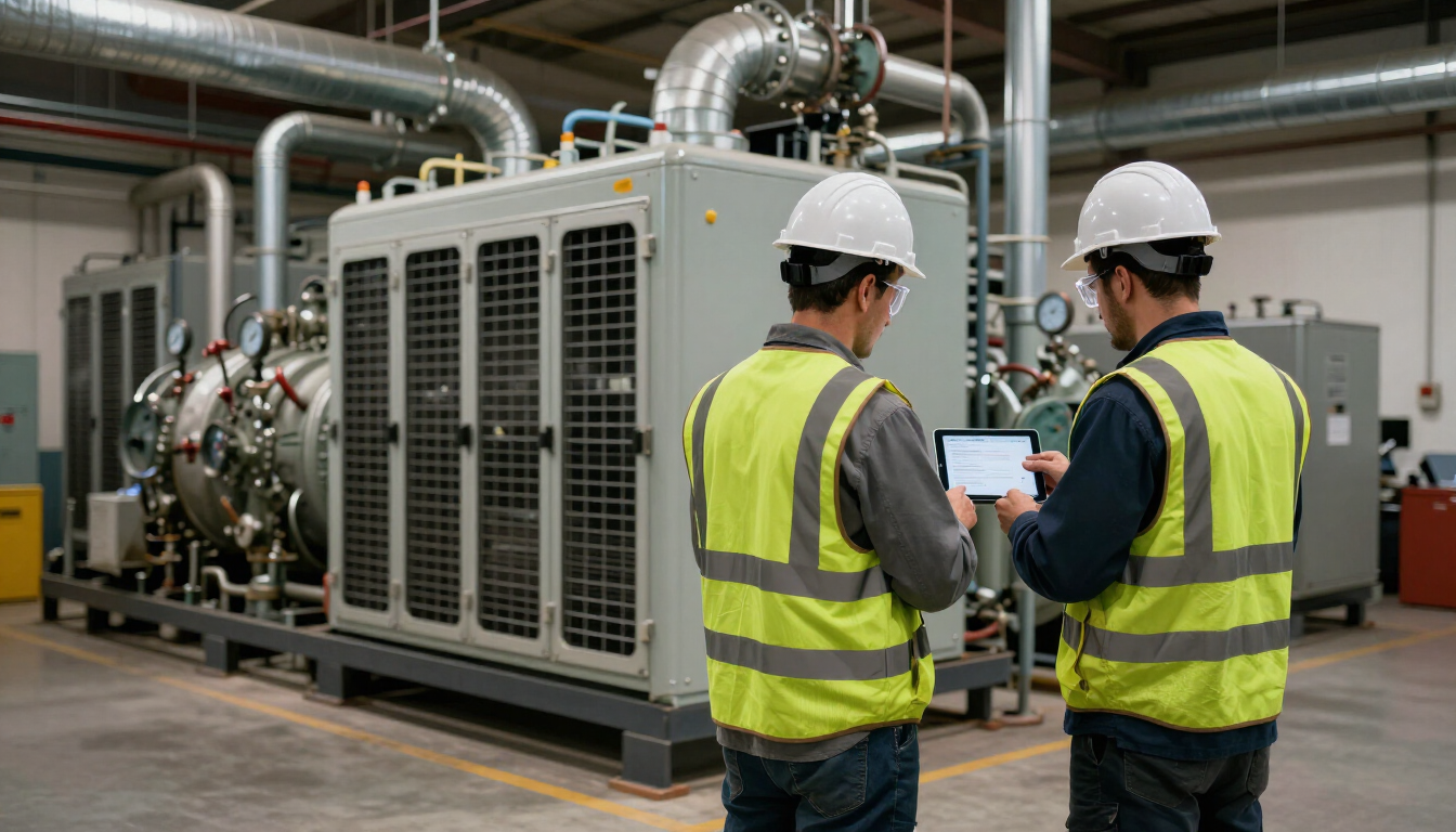 Two workers in safety vests inspect industrial machinery in a factory using a tablet.