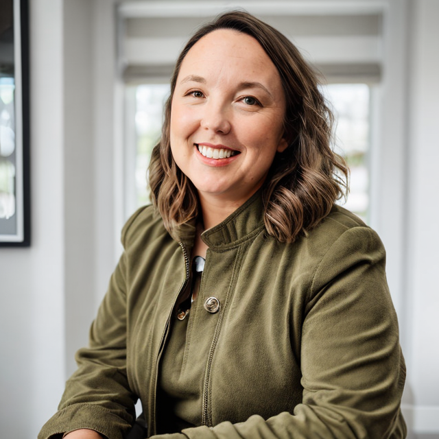Smiling woman in an olive-green jacket seated indoors near a window
