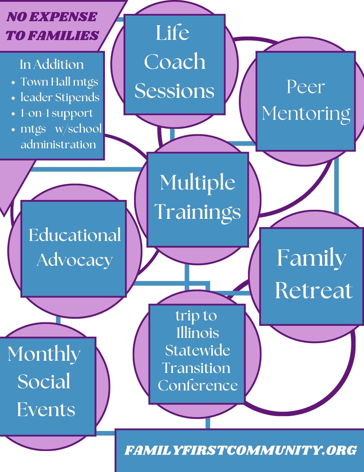 Diagram promoting Family First Community services, including life coaching, peer mentoring, and family retreats, with no cost to families.