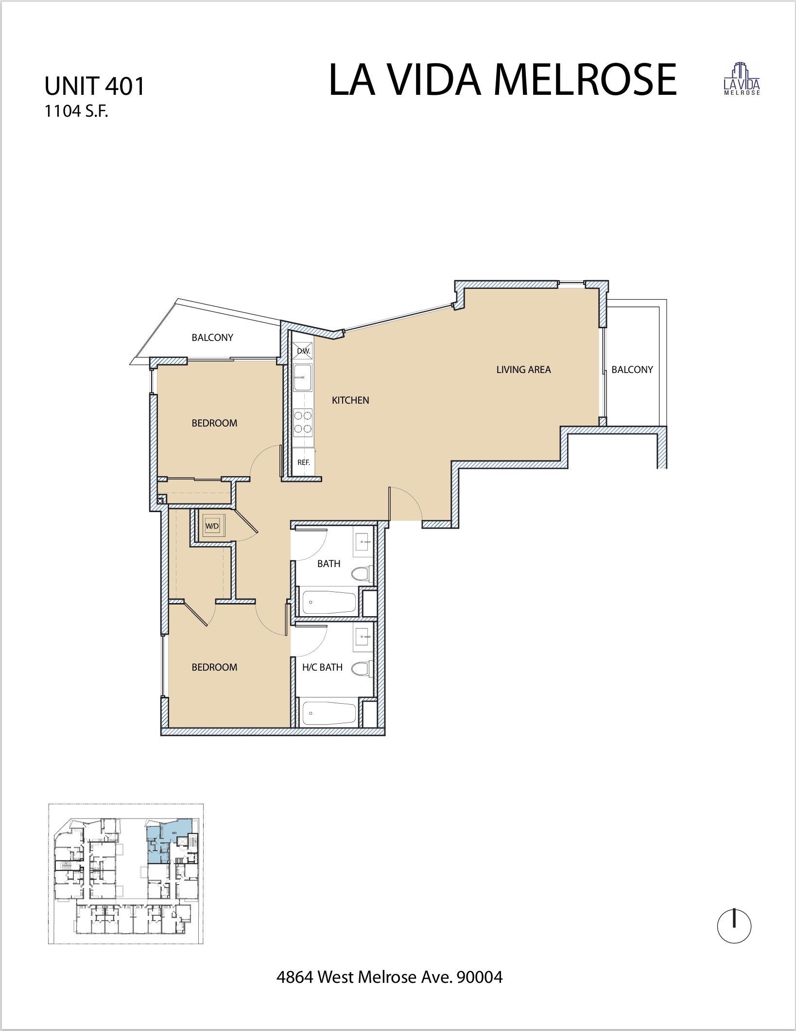 Floor plan of La Vida Melrose apartment unit. Contains rooms with tan and white coloring.