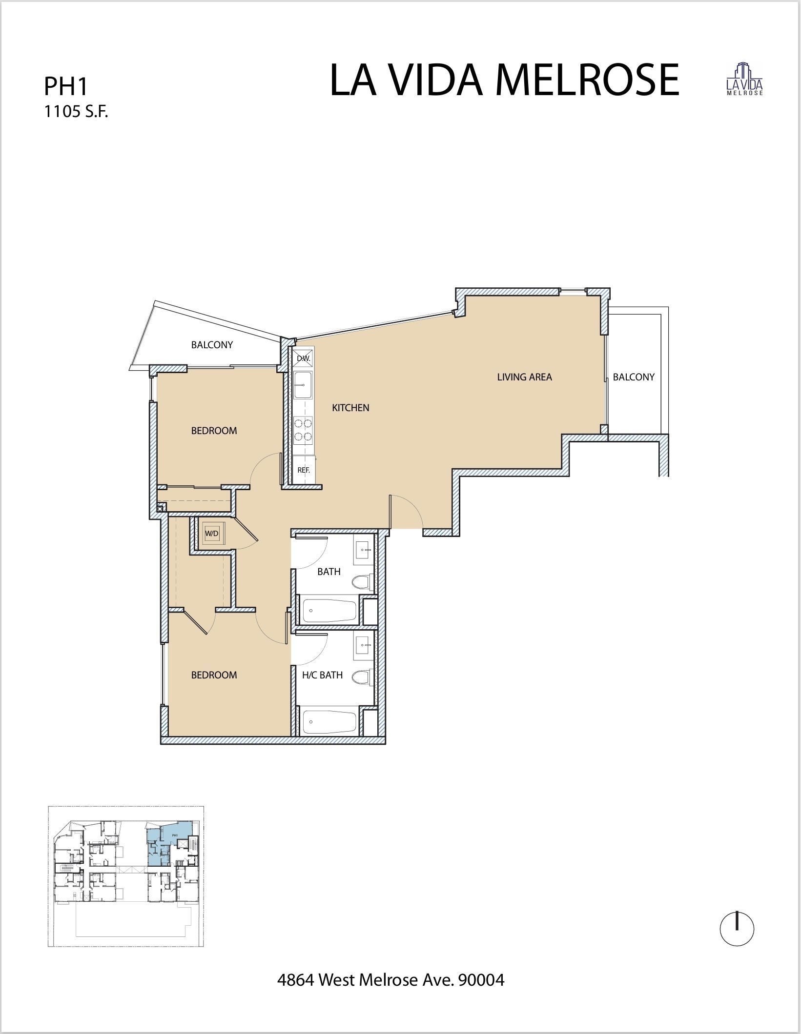 Floor plan of an apartment labeled La Vida Melrose; shows a kitchen, living area, bedroom, and bathroom.