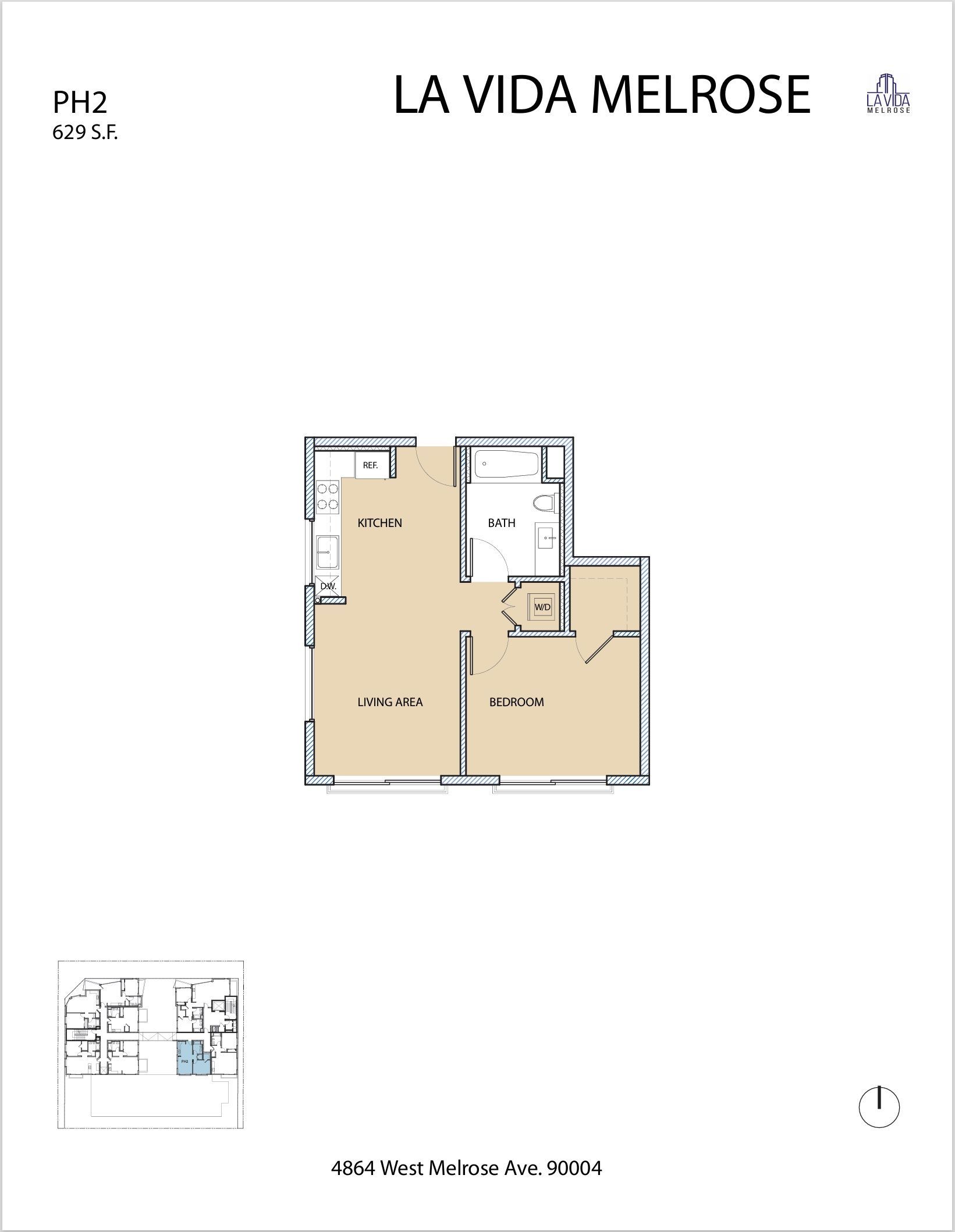 Floor plan of a unit at La Vida Melrose apartments, showing a two-bedroom layout.
