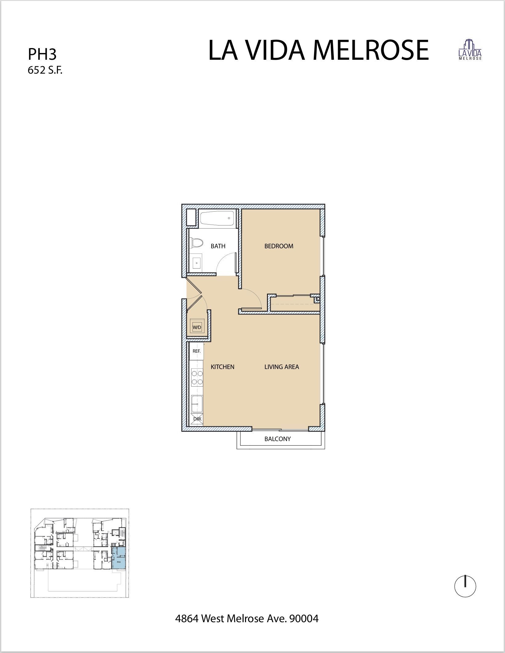 Floor plan of La Vida Melrose apartment unit. Contains bedrooms, bathroom, and living areas.