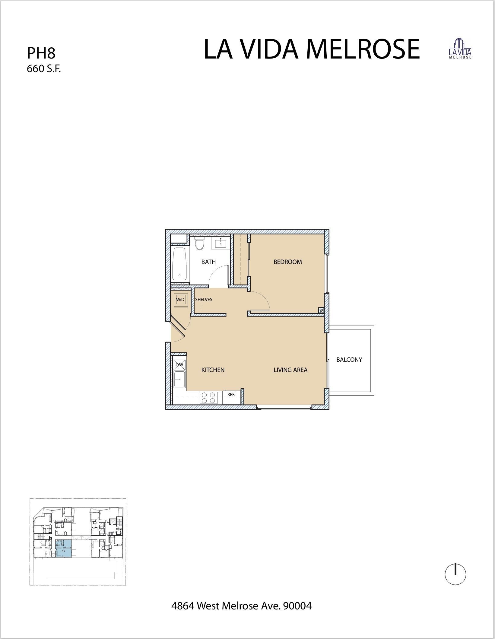 Floor plan for La Vida Melrose apartment, featuring two bedrooms, bathroom, and living areas in beige.