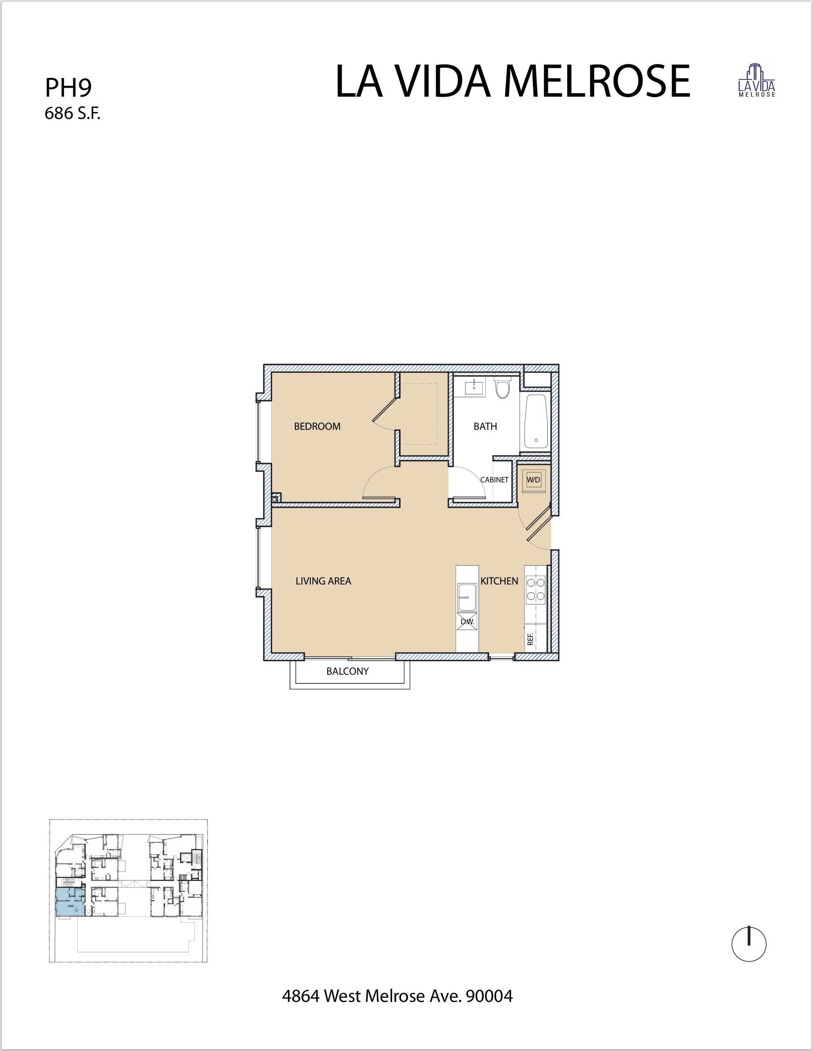 Floor plan of La Vida Melrose apartment with labels for rooms.