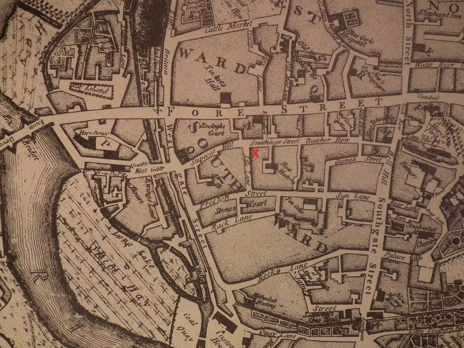 Tozer's 1793 map of Exeter Showing Pestle and Mortar site