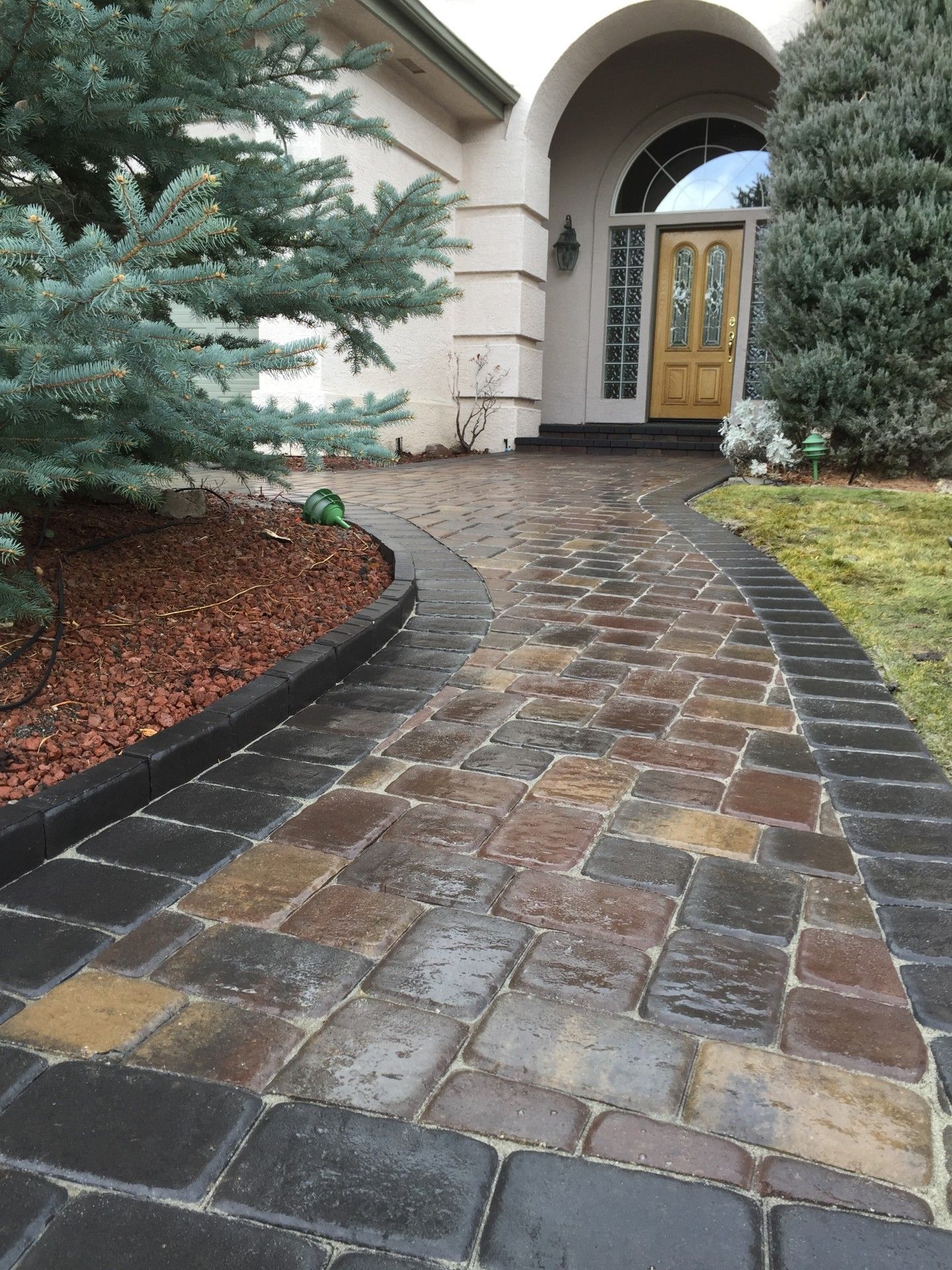 Brick walkway leading to a tan front door with arched entry and evergreen landscaping