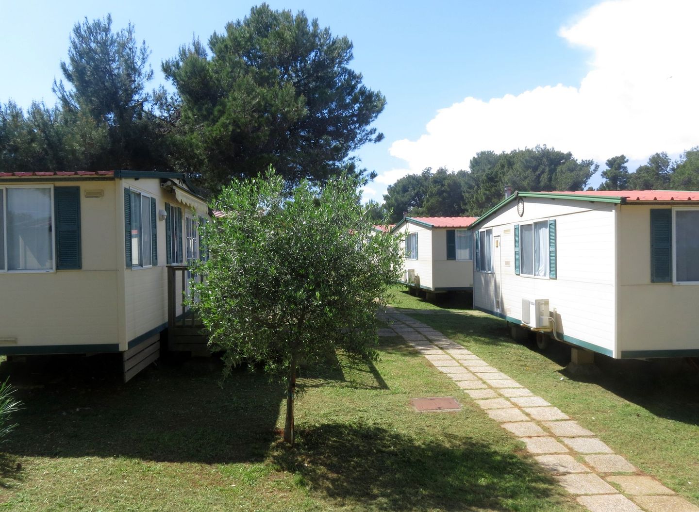 A row of mobile homes are lined up next to each other