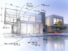 Sovrapposizione di uno schizzo architettonico di una moderna casa a due piani con una vasca riflettente al crepuscolo.