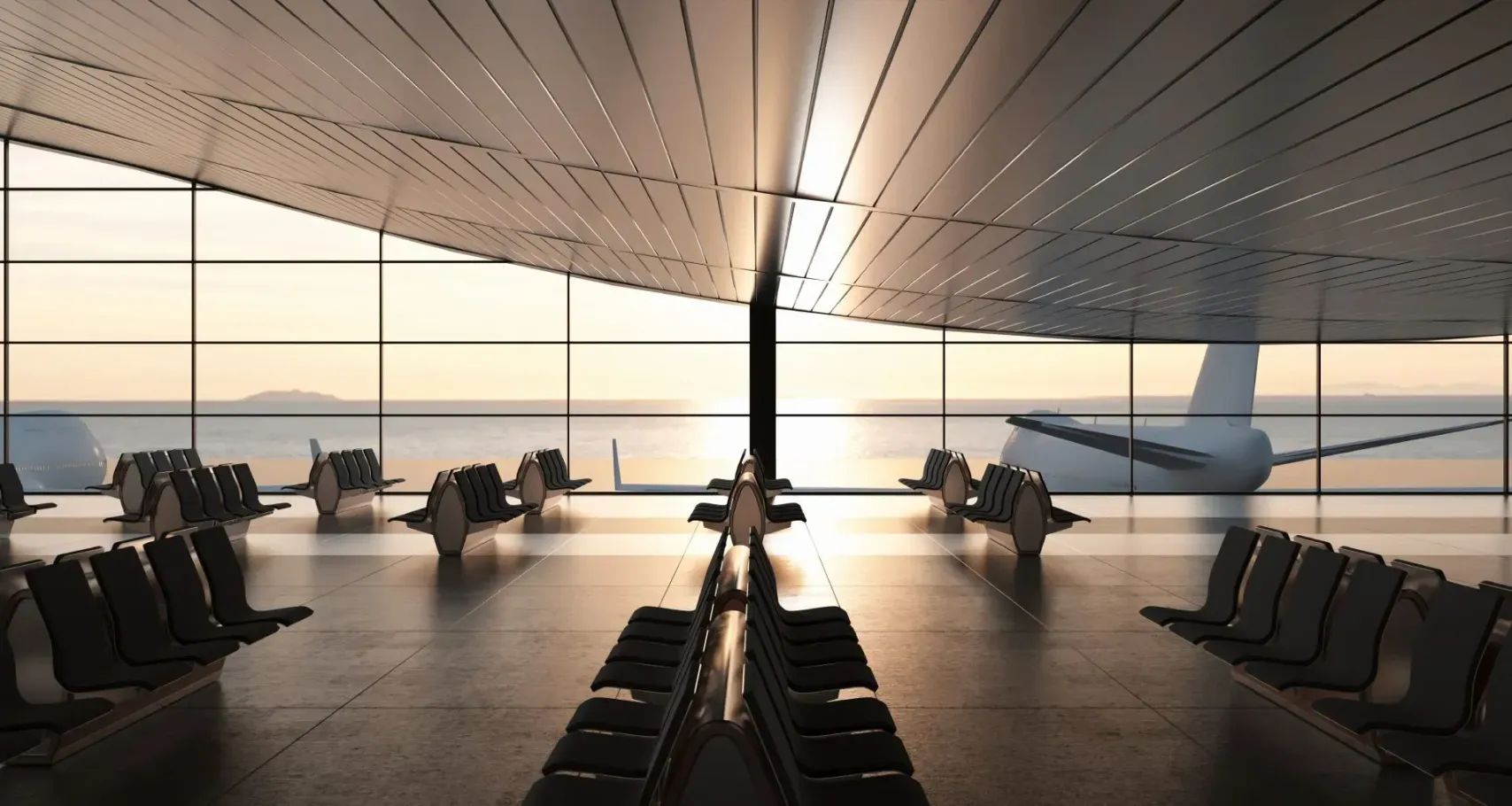 Terminal aeroportuale vuoto con file di sedili, una grande finestra e l'alba sulla pista con gli aerei all'esterno.