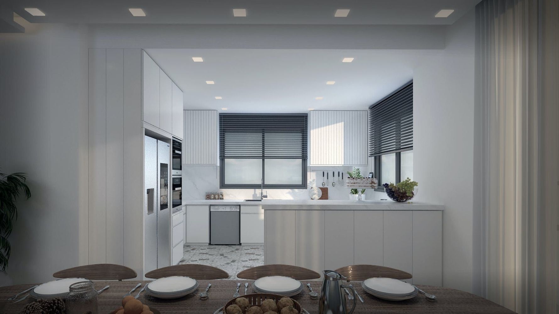An artist's impression of a kitchen and dining room.