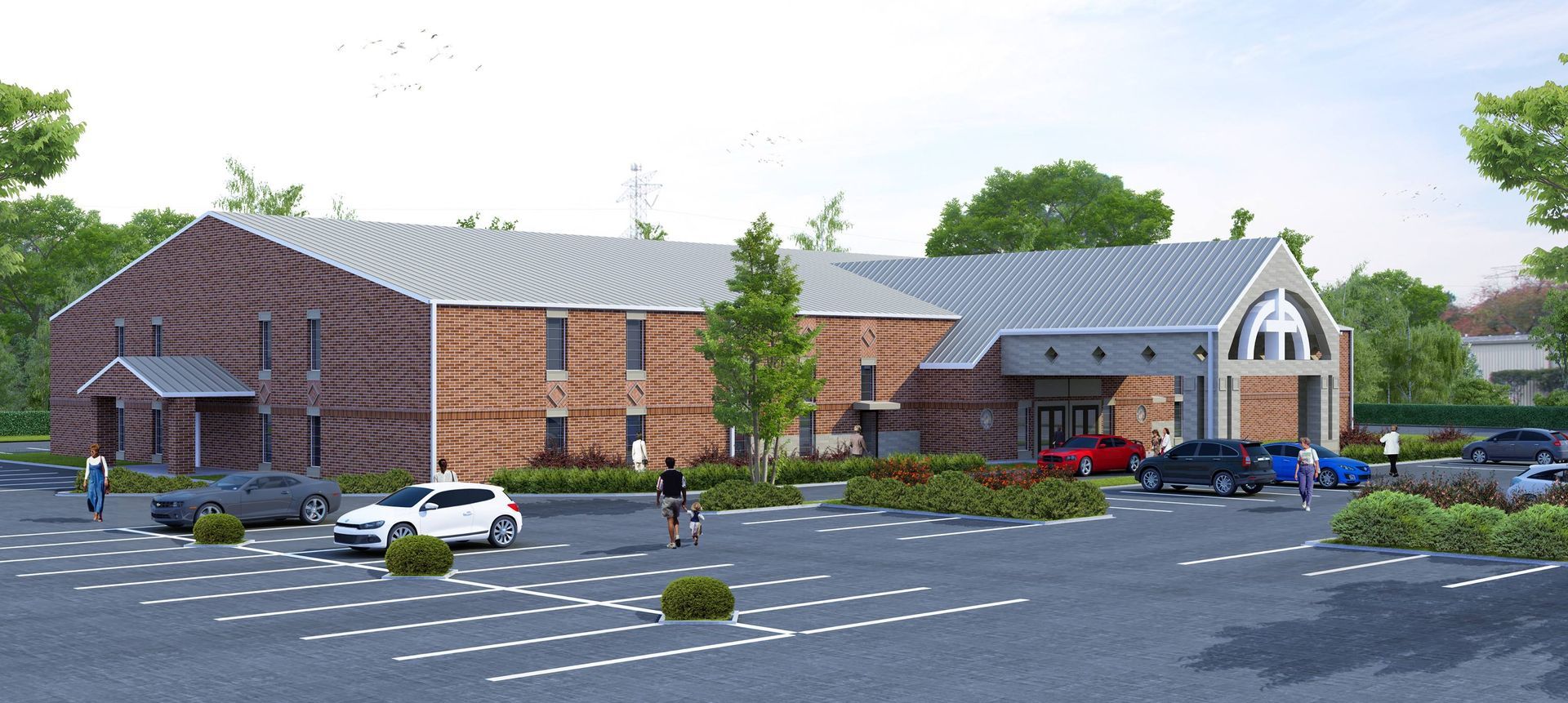An artist's impression of a brick building with cars parked in front of it.